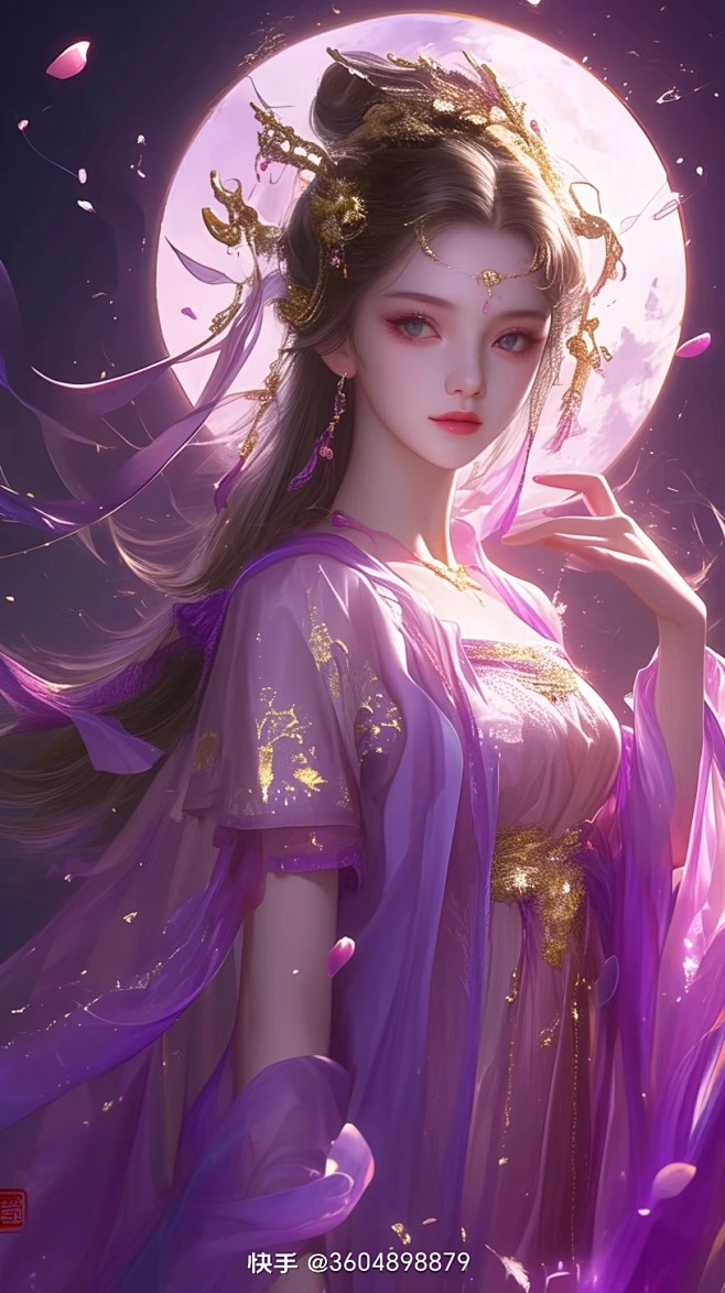 青丝垂肩映晚霞，细语呢喃唤归鸦。 一袭云锦拖地长，独步庭园赏菊花。 琼浆玉液杯中满，举盏对月思无涯。 世间万象皆过客，唯有伊人入梦遐。