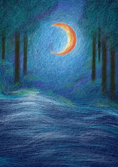 手绘蓝色森林夜晚海报
