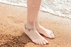 踝,脚链,女孩,腿,女人,水平画幅,沙子,湿,人,珠宝