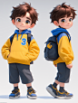 黄色休闲服背书包乖巧男孩3D卡通形象