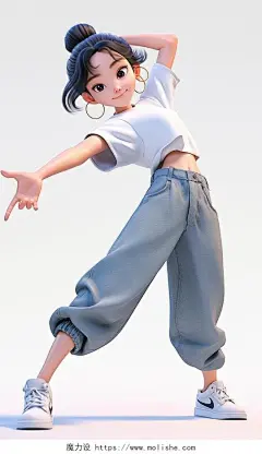 张开双手跳舞的女孩年轻女人跳街舞职业女性3D人物AI插画