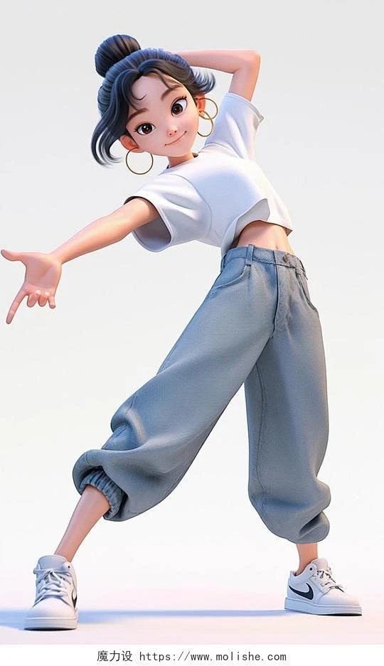 张开双手跳舞的女孩年轻女人跳街舞职业女性3D人物AI插画-花瓣网