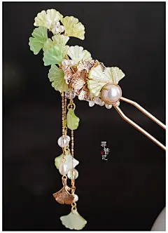 寻簪记原创手工汉服旗袍古风流苏发簪步摇簪子头饰黄绿银杏叶发钗-淘宝网