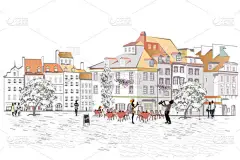 系列的街道在旧城的景色。手绘矢量建筑背景与历史建筑.