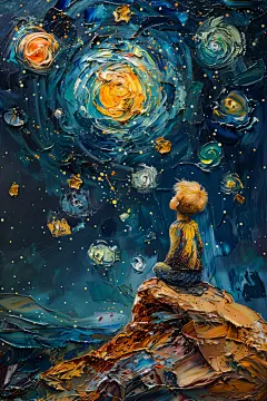 抬头仰望六一儿童节小王子油画风插画