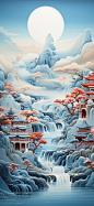 一幅山水3D水彩插图