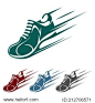 Speeding running shoe icons in four color variations with a trainer, sneaker or sports shoe with speed and motion trails, vector silhouette logo element on white