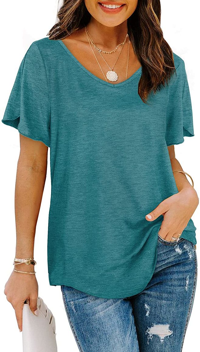 Womens Tshirts Short Sleeve V Neck Loose Fit Summer Casual Tops at ...
