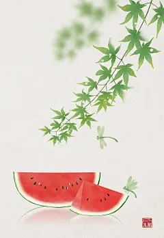 夏季 西瓜 古风海报  石家小鬼原创中国风二十四节气插画，商用请联系邮箱shijiaxiaogui@qq.com，未经允许严禁商用。