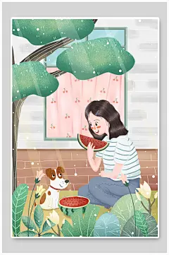 西瓜清新高端大气创意植物场景插画