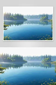 春天早晨阳光撒森林里平静湖面插画背景图片-众图网
