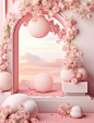 in this pink background are two boxes with flowers, in the style of daz3d, qian xuan, clamp, dreamlike scenery, rounded, white background, multi-layered collage-like