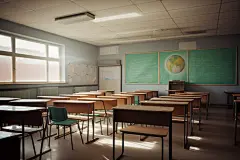 中学教室课桌椅场景摄影图