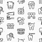牙医无缝图案细线图标:牙科器械、放大镜下龋齿、正畸、拔牙、贴面、牙齿美白、种植体、牙套、牙石。矢量插