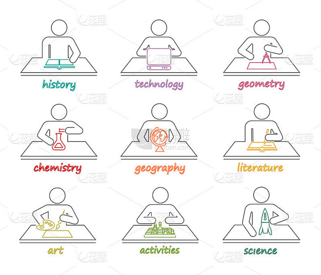 一组线图标呈现教育和不同的学校科目。