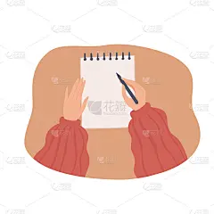 女性手中拿着铅笔笔记本的桌面视图。计划保持愿望清单日记。平面向量插图。
