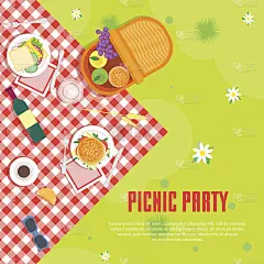 卡通夏季野餐在公园篮子卡片背景。向量