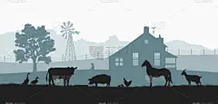 农场动物的剪影。乡村景观与牛, 马和猪。海报的村庄全景。农舍和牲畜