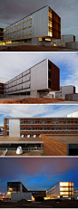 西班牙San Joan医院设计由事务所Brullet-De Luna Arquitectes 联合 Pinearq 共同完成。建筑素雅，干净并且亲切宜人，同时又给人以安全高级的感觉，不像许多医院一样冷冰冰的砖墙或者贴面配上方形窗户。建筑对外皮材料与组合十分考究，采用了白色竖纹混凝土与褐色木檩条，这两种材料十分简单但又透漏出高雅气息。灯光设计偏暖色，在一定程度上也体现医院温暖的一面。