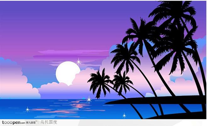 夜晚的椰子树风景插画