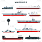 不同类型的战舰，集合。军用船，侧视图。军舰矢量图标收集，孤立在白色背景。