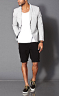 Grey Cotton Blazer, White Tee, Black Shorts and Black Patent Sneakers. Men's Spring Summer Fashion.