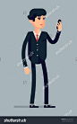 Vector modern flat design illustration on suit clothed serious business man standing looking at the screen of his smart phone, full length, isolated