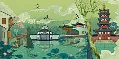 苏州四景：周庄古镇、苏州博物馆、拙政园、寒山寺插画国风场景