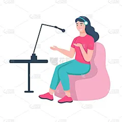 一位年轻女子正在演播室录制播客。播客，广播节目，有声读物的概念。平面卡通矢量插图。