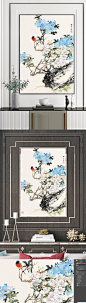 中式蓝花喜鹊艺术画-众图网