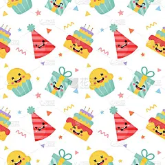 可爱有趣的派对庆祝无缝模式。生日图标。白色背景上的卡哇伊风格的嘉年华节日物品。矢量插图。