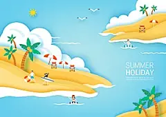 夏季沙滩游泳旅游风景插画海报