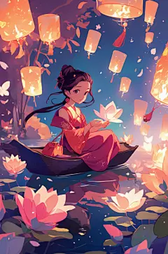 数字艺术中元节七月半放河灯古风人物插画