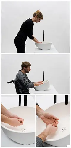 [【产品设计】方便弱势群体的洗手盆。] 法国设计师Gwenole Gasnier设计了这个对残疾人、老人和儿童充满关爱的创意洗手盆。考虑到特殊人群使用洗手盆的时候由于需要适应常人的使用习惯但是常常难以舒适的方式去使用它们，所以设计师通过在陶瓷洗手盆的底部添加一个角度合理的切面来增加产品的灵活性、多功能性并且更加宜人。