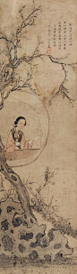 唐寅——《月下美人》诗意图【痴客从旁漫比伦，不知便是月中人。重来尘世偷灵药，却把蟾光自照身】仕女人物小景镜心欣赏  |  
明|唐寅(1470—1523)，字伯虎、子畏，以字行，号六如居士、桃花庵主、鲁国唐生、逃禅仙吏等，吴县(今江苏苏州)人。早学沈周、周臣，宗法李唐、刘松年，融会南北画派，笔墨细秀，布局疏朗，风格秀逸清俊。与沈周、文徵明、仇英并称“吴门四家”，又称“明四家”。书取法赵孟頫。诗文与祝允明、文徵明、徐祯卿并称“吴中四才子”。