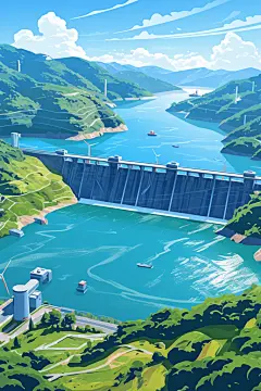 水坝结构风景插画