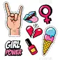 pop art elementsset of stickers hand heart tongue out lips ice cream girl power decoration pop art elements vector illustration