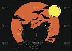 两只带着蝙蝠和月亮的黑猫