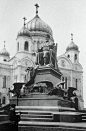 A monument to Tsar Alexander III in front of Christ the Savior Cathedral in Moscow