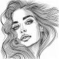 happy positive and creative line art style of a beautiful lady with beautiful eyes and with long hair flowing in the wind. line art in elegant style for prints, tattoos, posters, textile, Vector illustration