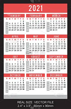 口袋日历2021年，开始周日，向量。