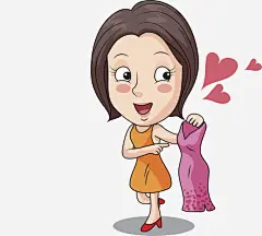 卡通时尚女孩高清素材 买衣服 卡通人物 女生女孩 手绘 玫红色裙子 黄色连衣裙 黑色短发 免抠png 设计图片 免费下载