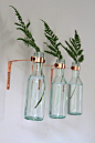 Copper and Glass Bottle Sconce // Set of Three // Industrial Hanging Vase // Unique glass planter