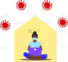 非洲女孩以莲花姿势坐着笔记本电脑。年轻女子在笔记本上工作，学习，上网，聊天，写博客。2019冠状病毒