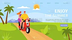 享受夏季登陆横幅，夫妇在滑板车矢量插图。男人女人骑摩托车，卡通旅游网页。