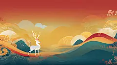 国潮白鹿祥云图案国风背景国潮山水喜庆国风国潮背景插画