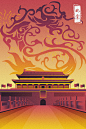 中式城市建筑古典国潮宫廷古楼埃及城堡插画手绘漫画PSD海报素材
