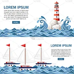 波涛汹涌的大海，礁石岛上有灯塔。水上的小船。自然或海洋设计。平的风格。矢量插图与天空和云彩的背景