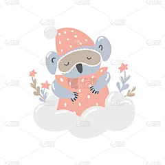 可爱的考拉睡在云上，带着枕头和睡眠面具。儿童向量插图在斯堪的纳维亚风格