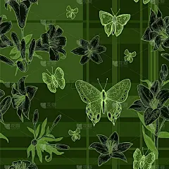 莉莉花。墙纸和织物的无缝图案。背景说明。手绘轮廓。园林植物的开花抽象的花卉图片与蝴蝶。向量